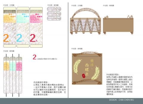 這張照片是一個米袋包裝設計，最重要的是上面印著「白米」兩個字，旁邊還有稻穗和一個印章，代表著這是高品質的米。