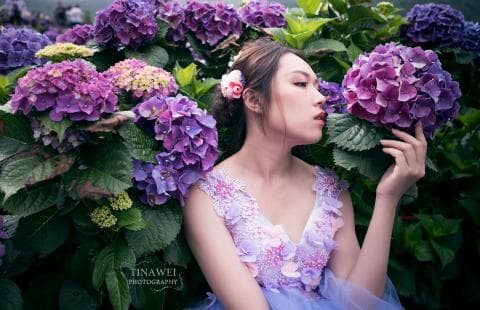 這張「繡球花」的照片是一個女生在花叢中，她穿著紫色的蕾絲洋裝，並用右手輕輕觸摸著一朵紫色的繡球花。