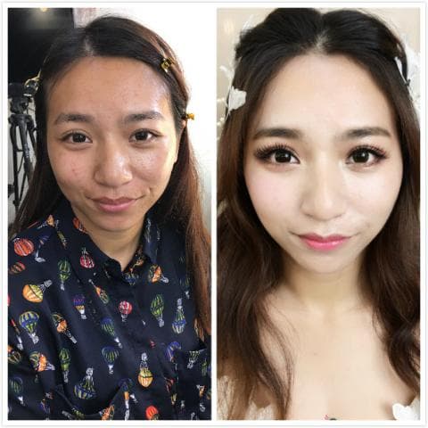 這張「化妝前後」的照片是，左邊是沒有化妝的女生，穿著熱氣球圖案的襯衫，右邊是化妝後的女生，穿著白色上衣，戴著頭飾，看起來很漂亮。