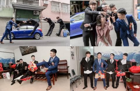 這張照片是新郎和他的朋友們在婚禮當天穿著西裝在街上拍的照片。