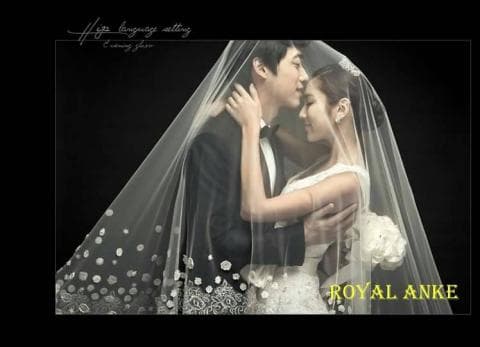 這張照片是一對新人站在一起，他們被一層薄紗覆蓋，新郎穿著黑色西裝，新娘穿著白色婚紗，他們擁抱在一起，看起來非常甜蜜幸福。