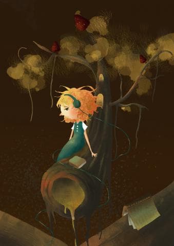 這張照片是一個女孩坐在樹枝上，聽音樂，並且閱讀書籍。