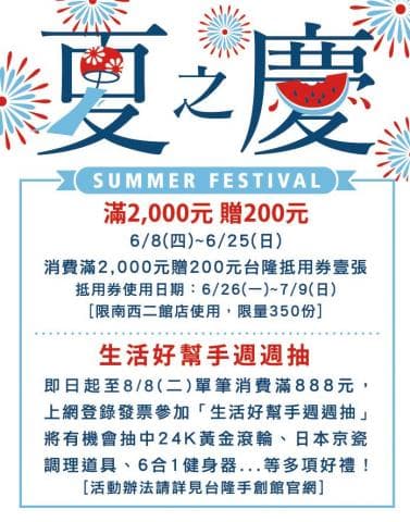 這張照片是一個夏季節慶活動的海報，最重要的部分是「生活好幫手週週抽」的活動說明。活動內容是隻要單筆消費滿 888 元，就可以參加抽獎，獎品有 24K 黃金項鍊、日本京瓷調理器具、6合1 健身器等等。
