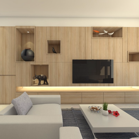 這張「客廳」的照片是一個現代化的室內設計，木質牆上裝飾著許多格架，格架上擺放著一些裝飾品，包括鳥、花瓶和象。牆上還有一臺電視，電視下方有一個白色的咖啡桌。