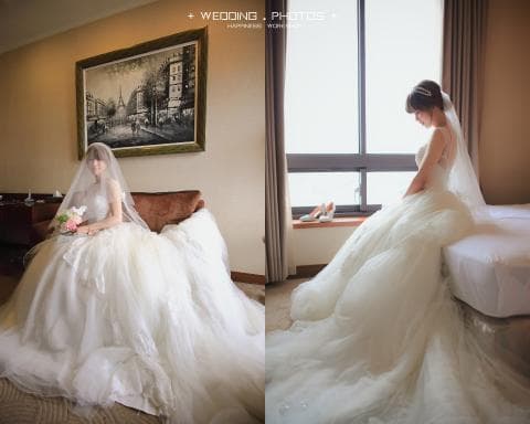 這張照片是兩位身穿婚紗的新娘，她們的婚紗都很漂亮，在照片中展示了婚紗的優雅和美麗。