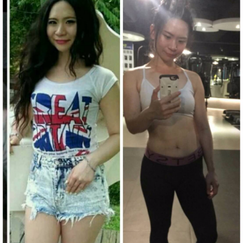 這張照片是一個女性的對比照片，左側是減肥前，右側是減肥後。左側的她穿著白色T恤和牛仔短褲，右側的她穿著運動背心和緊身褲，看起來非常健康。