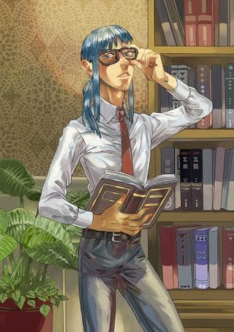 這張「一個戴眼鏡的藍髮女性站在書架前，手持一本書」的照片是。