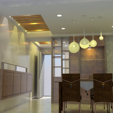 這張照片是現代化的餐廳，最重要的是餐廳的中央，有四張木椅圍繞著一張木桌，桌上有桌巾，看起來很溫馨。