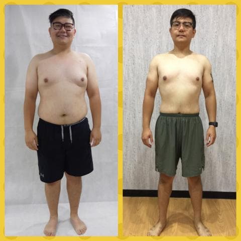 這張照片是一個男人的體重減肥前後對比照。左邊照片是他減肥前，肚子明顯突出，而右邊照片是他減肥後，身材明顯瘦削，體型健美。