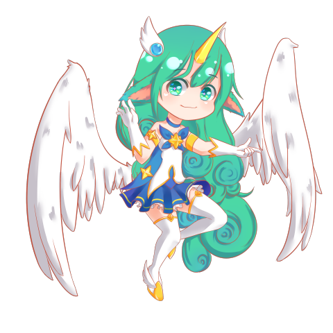 這張照片是一個可愛的卡通人物，她有著綠色的頭髮，戴著金色的角，穿著藍色的星形裙子，還有白色的翅膀。