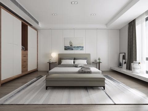 這張「臥室」的照片是一張現代風格的臥室，房間裡有床、床頭櫃、衣櫃和一張地毯，看起來舒適而典雅。