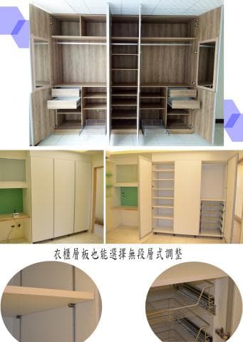 這張照片是一間現代化的衣櫃，有著多個層板，方便收納各式各樣的衣物。衣櫃內部的抽屜也設計得很精緻，方便分類整理衣物。