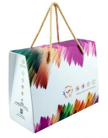 這張照片是一個裝著禮物的紙袋，它上面印著五彩繽紛的圖案，看起來很漂亮。紙袋上有一個金色把手，方便提拿。