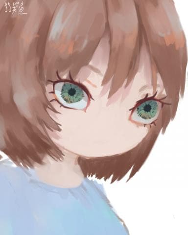 這張照片是一個女孩的頭像，她的眼睛是綠色的，眼神看起來有點憂鬱。