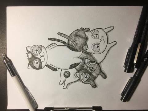 這張照片是一張貓咪的畫，其中一隻貓咪坐在另外兩隻貓咪的上面。最上面那隻貓咪是黑白色的，眼睛很大，嘴巴張開著。另外兩隻貓咪則是一隻黑白色，一隻灰色，牠們的頭都低著，好像在玩耍。