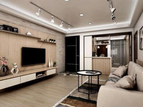 這張客廳的照片是一間裝潢簡潔的現代化客廳，裡面有一臺電視、一張沙發、一張茶几和一個木質收納櫃。牆壁上有許多裝飾畫和木質層板，整體色調溫馨明亮。