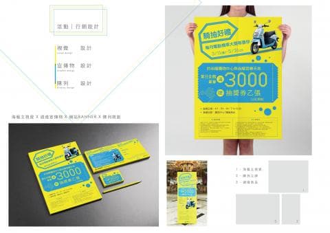 這張照片是 一張以黃色為底的宣傳海報，海報上印著一臺藍色的摩托車和「限時搶購」的字樣，並強調「活動期間購買可享3000元優惠」。