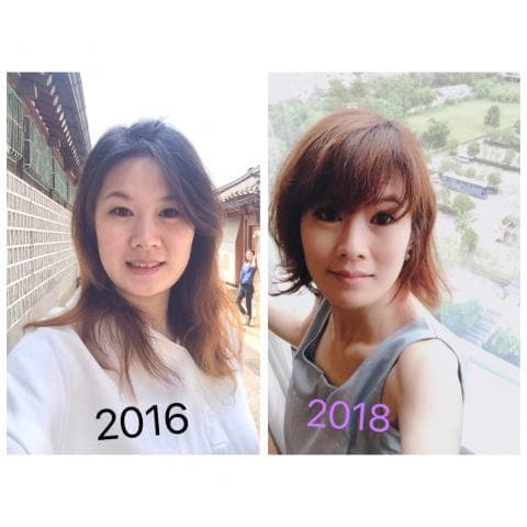 這張照片是一個女人在 2016 年和 2018 年的照片。她看起來在 2018 年比 2016 年更自信和更漂亮。她 2018 年的照片更有活力，並且她的妝容和頭髮也更令人驚嘆。