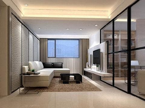 這張「客廳」的照片是：一個現代化的客廳，有白色的沙發、黑色電視櫃和一面落地窗。