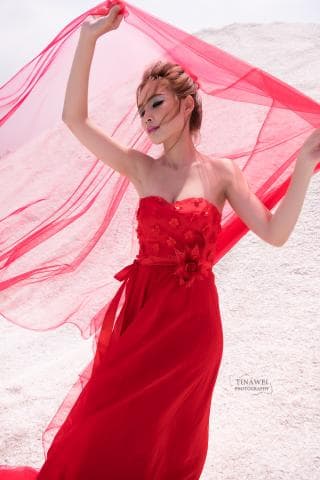 這張照片是一個穿著紅色婚紗的女性，她正站在沙灘上，披著薄紗，顯得優雅迷人。