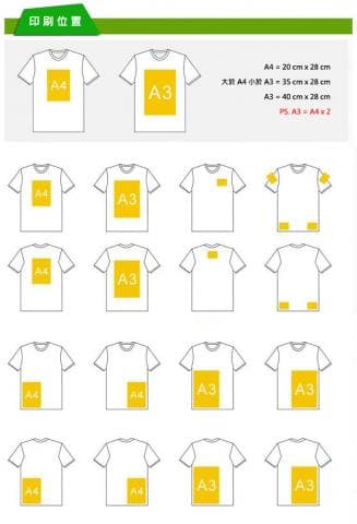 這張照片是印製位置圖，顯示了不同尺寸的T恤上可以印製的A4和A3紙張大小。