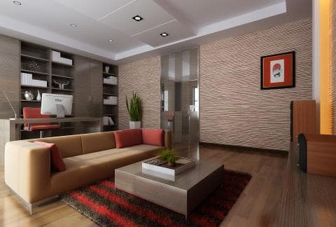 這張照片是一間現代化的客廳，裡面有一張沙發，一個茶几和一個矮櫃。沙發上放著一個紅色抱枕，茶几上放著一盆綠色植物，矮櫃上有一個畫框。