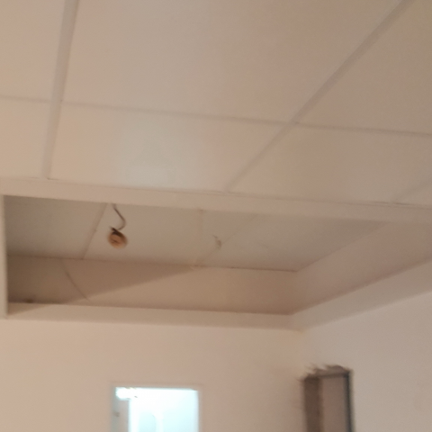 這張照片是一間正在裝修的房間，照片中最重要的部分是天花板，天花板是採用白色格狀的設計，看起來很簡潔大方。