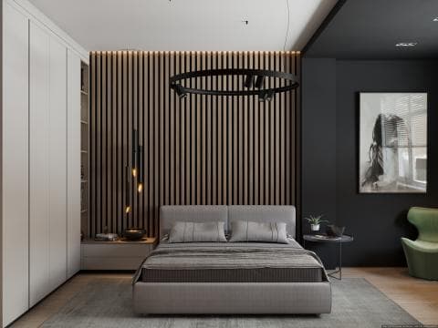 這張「臥室」的照片是一張現代風格的臥室，床頭板是木質的，床頭燈是黑色的，床上的被子是灰色的。