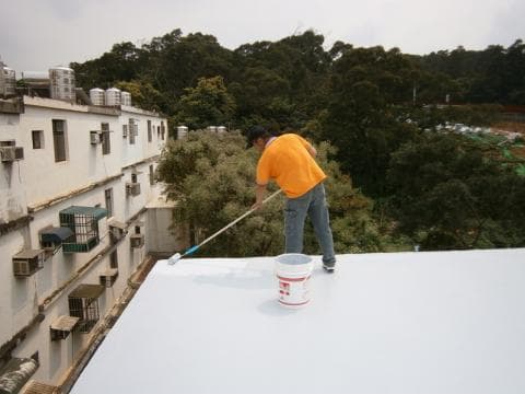 這張照片是一個工人正在用滾筒刷油漆，他站在一個白色屋頂上，右手拿著刷子，左手拿著油漆桶。