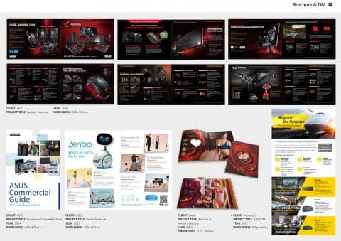 這張照片是一系列的產品宣傳手冊，每個手冊都展示了不同的產品，例如電腦、手機、遊戲設備等，並呈現出鮮明的色彩和精美的設計。