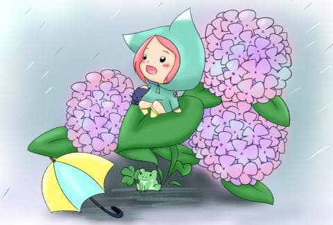 這張照片是一名戴著綠色帽子的女孩，站在花叢中，她穿著綠色的外套，手上拿著一把雨傘，開心地看著前方。