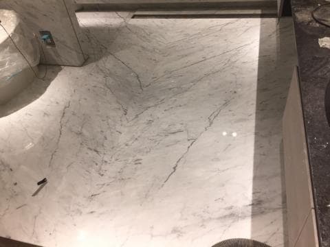 這張照片是一間浴室的地板，地板是由白色大理石鋪設而成，表面光亮，紋理清晰。