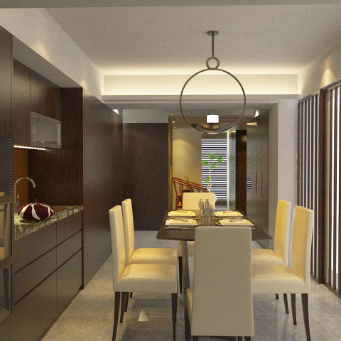 這張「餐廳」的照片是一張現代化的餐廳設計，有著木質的牆壁和天花板，以及白色的餐椅和一張黑色的餐桌。餐桌上有擺放著餐具，以及一盆綠色的植物。天花板上的圓形吊燈是裝飾的重點。