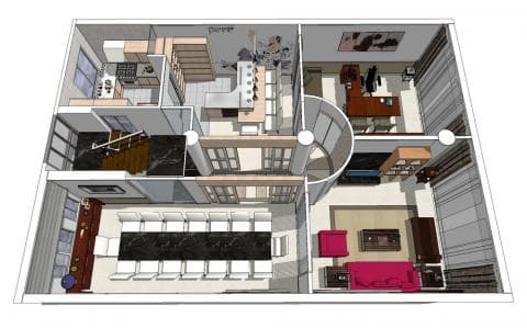 這張照片是一間現代化的辦公室，最顯眼的地方是辦公桌，上面擺放著一台電腦和一些文件。