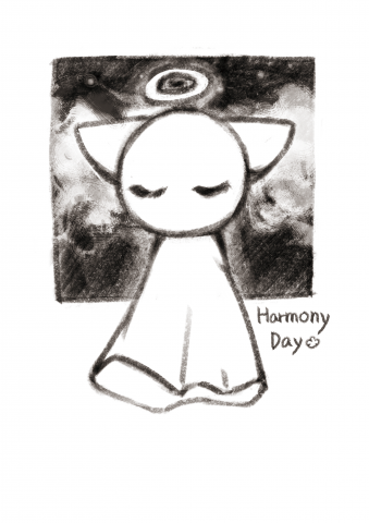 這張照片是一個簡單的圖畫，它是一個有著圓圓頭和貓耳的可愛生物。生物的眼睛閉著，似乎在冥想。圖畫周圍是灰色的背景，看起來像是宇宙中的星雲，生物頭頂有一個旋轉的圓圈，看起來像光環。圖畫的下方寫著 Harmony Day ，暗示著這張照片主題是關於和諧的。