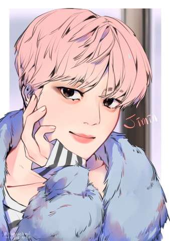 這張照片是一位名叫「Jimin」的年輕男子。他留著粉紅色頭髮，身穿藍色毛衣，並用右手託著臉頰，看起來很迷人。