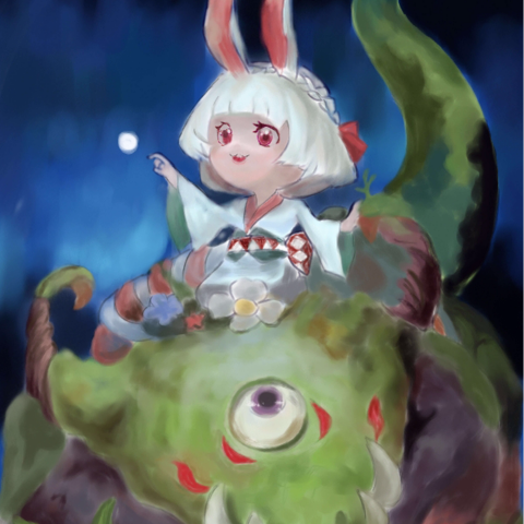 這張照片是一個坐在綠色怪物頭上的兔子女孩。兔子女孩穿著白色的和服，頭上戴著白色的兔子耳朵，她正看著遠處。