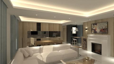 這張「客廳」的照片是有一個白色沙發，一個壁爐，和木製的牆壁。