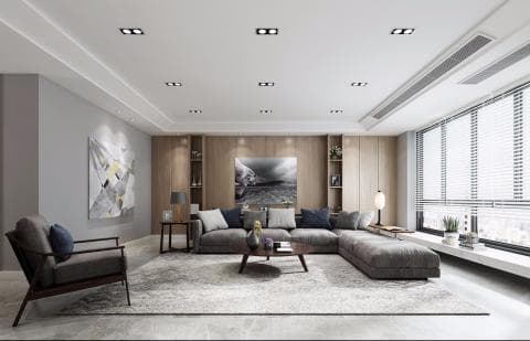 這張照片是一個現代化的客廳，設計簡潔，色調統一，以灰色和木色為主，佈置舒適優雅，適合放鬆休閒。牆上掛著抽象畫，增添藝術氣息，落地窗引入充足的光線，使空間明亮通透。沙發和茶几的擺放方便交流，適閤家人朋友聚會。