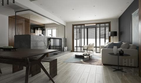 這張「現代化客廳」的照片是展示了一個開放式客廳的設計，其中包含一個木製餐桌和沙發，以及一個電視牆和落地窗。客廳的設計以簡約為主，並採用了大量的灰色和棕色，營造出舒適和寧靜的氛圍。