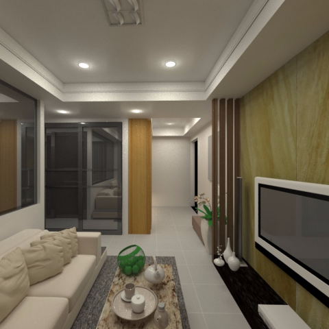 這張客廳的照片是一個現代化的空間，有著舒適的沙發、一個咖啡桌、電視、以及一面漂亮的牆面。