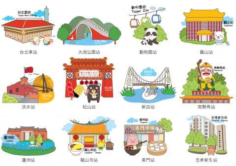 這張照片是臺北市著名的景點地圖，包含了動物園、松山機場、淡水、士林、中正紀念堂、龍山寺、西門町、北投等等。