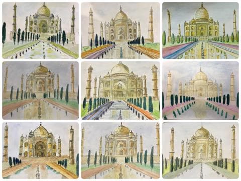 這張照片是九幅泰姬陵水彩畫，每幅畫都呈現出不同的光線和角度，展現出泰姬陵的優雅與壯麗。