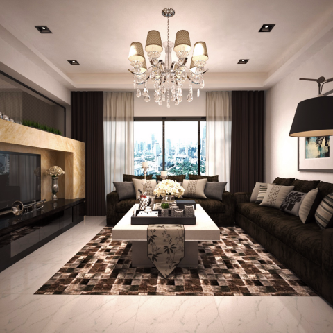 這張「現代客廳」的照片是一個裝修精美的客廳，有深色沙發、茶几和水晶燈，還有落地窗和窗簾。