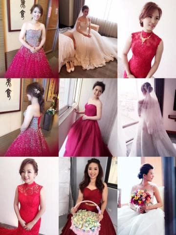 這張照片是一個婚禮的圖片，照片中有多個新娘穿著不同的婚紗，看起來非常美麗。