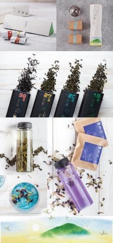 這張照片是四種不同茶葉的包裝和茶水。照片中間是四個不同茶葉的包裝，上面分別寫著18、20、27、38。