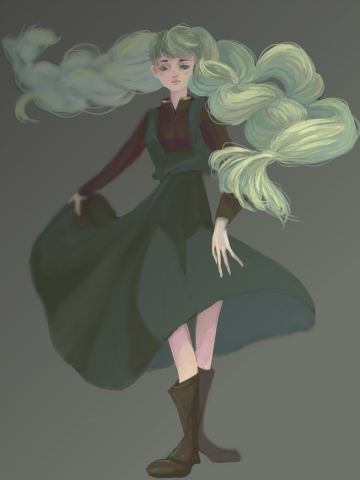 這張照片是一個綠髮女孩，她穿著一件綠色連衣裙和一雙棕色靴子，她的頭髮飄動在空中，充滿著動感。