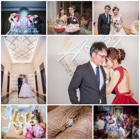 這張「婚禮」的照片是一對新人在婚禮現場的各種合照，包括他們在婚禮上進行儀式、與賓客合影，以及一些婚禮的細節，例如婚禮佈置、新郎新娘的服裝和戒指等等。