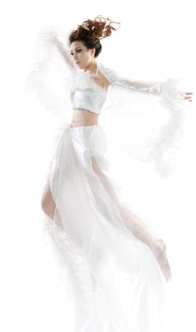 這張「一位穿著白色長裙的女子在空中跳躍」的照片是。