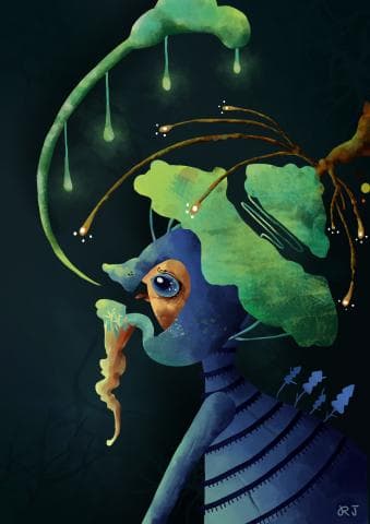 這張照片是一個奇幻的生物，它有著藍色的身體和一個綠色的帽子。它看起來像是正在喝著一種綠色的液體。